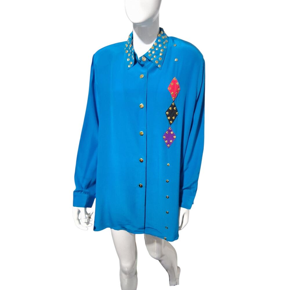 Vintage Diane Gilman 100% Silk Womens size 1X Diamond Patchwork Button Up Top